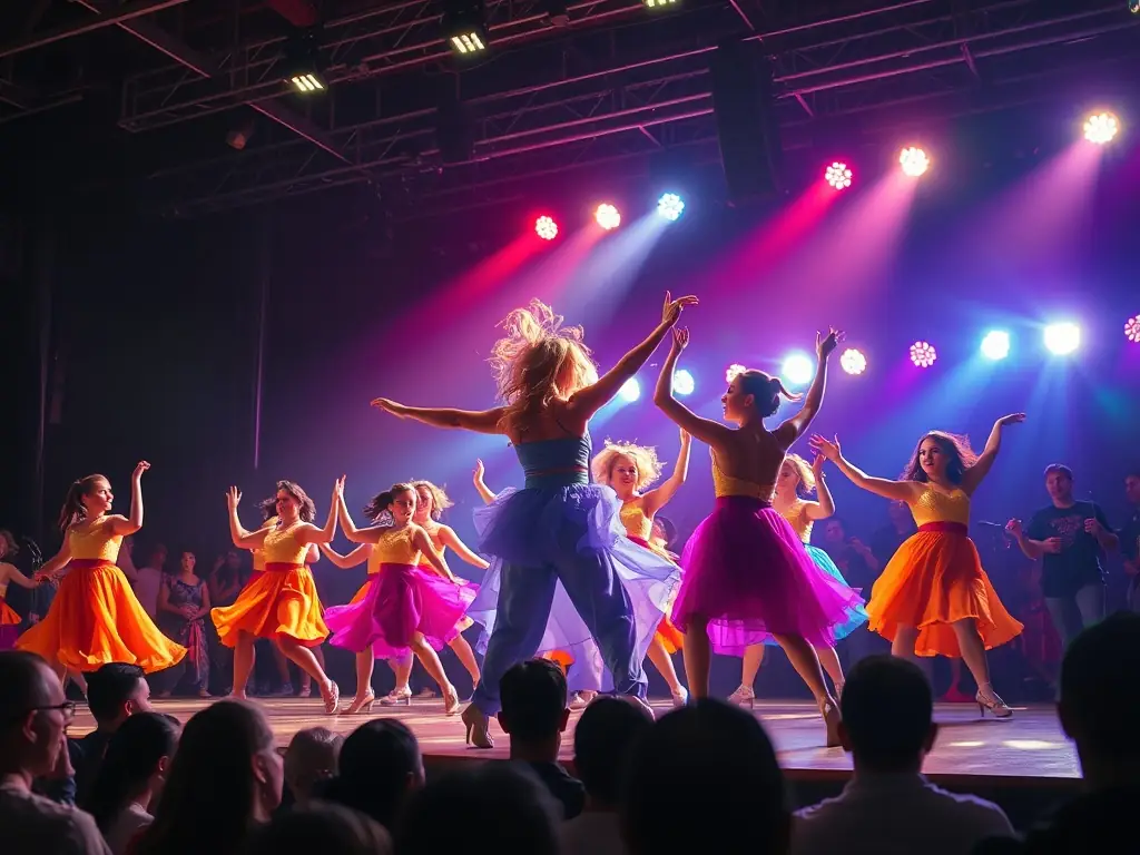 A dynamic image of a live cultural performance featuring dancers in traditional attire, highlighting the energy and cultural richness of the event, staged at a local theater.