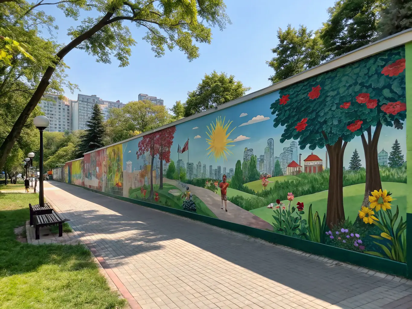 A photograph of a community art installation, showcasing colorful murals and sculptures created by local artists, displayed in a public park.