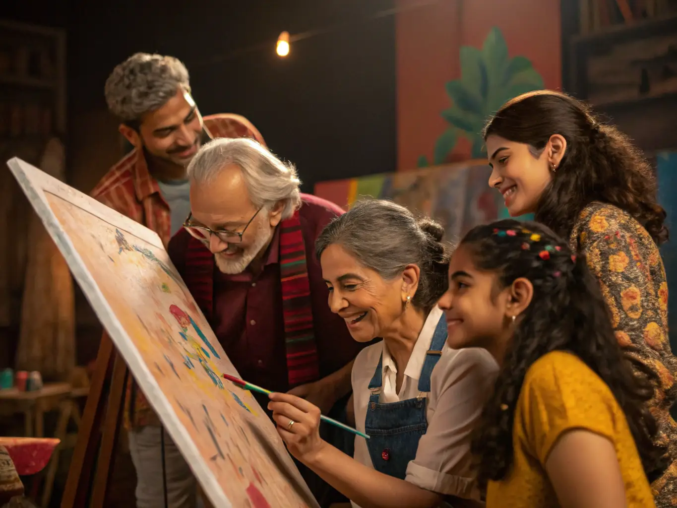 A vibrant photograph capturing participants engaged in a collaborative art workshop, showcasing diverse age groups and artistic expressions, set in a community center.