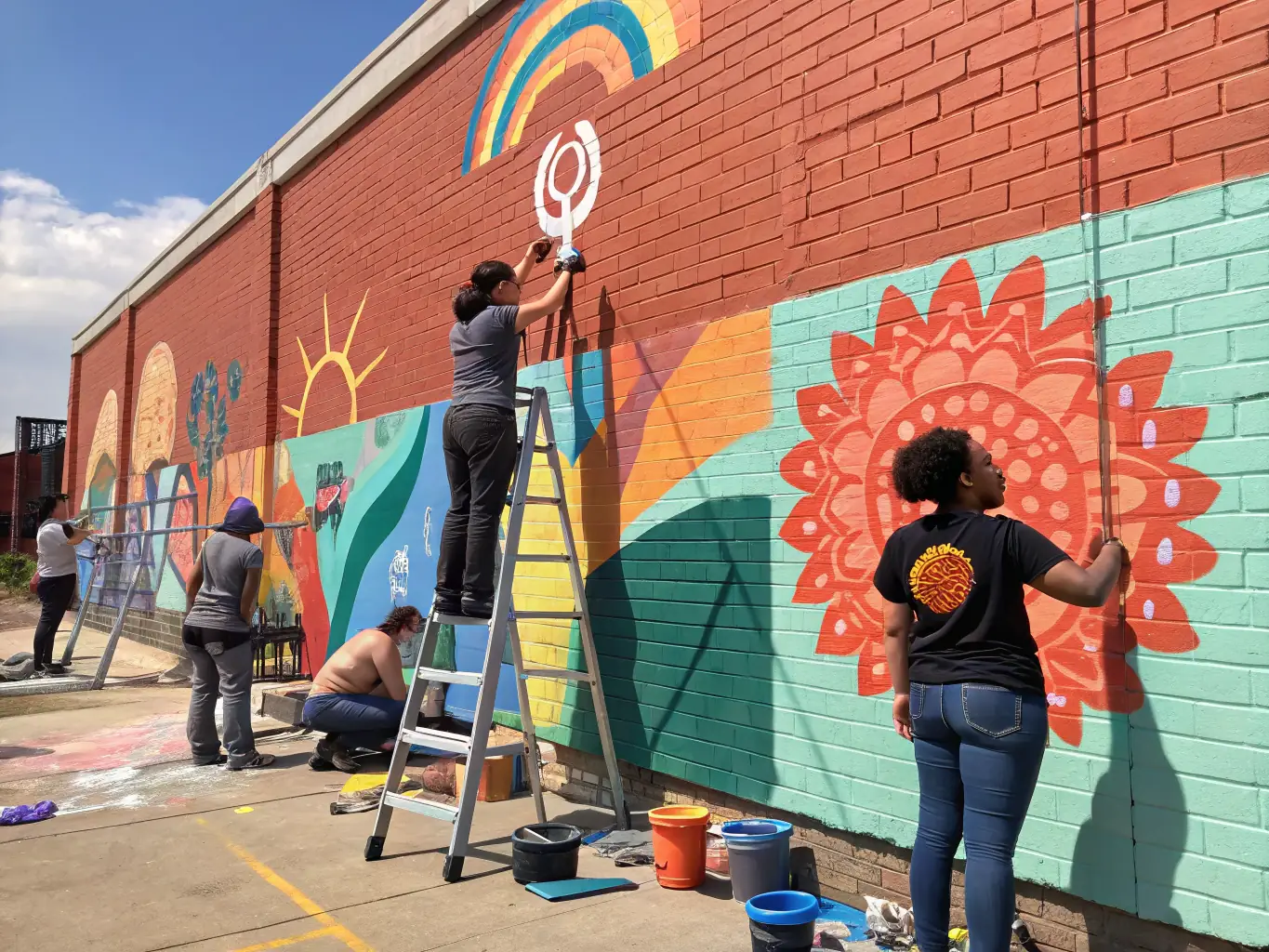 A diverse group of people collaborating on a community mural project, showcasing creativity and inclusivity in action.