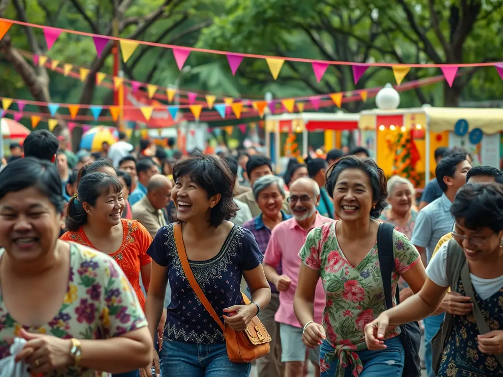 A vibrant scene from a community arts festival organized by ARTEFACTS, showing people of all ages and backgrounds enjoying artistic performances and activities.