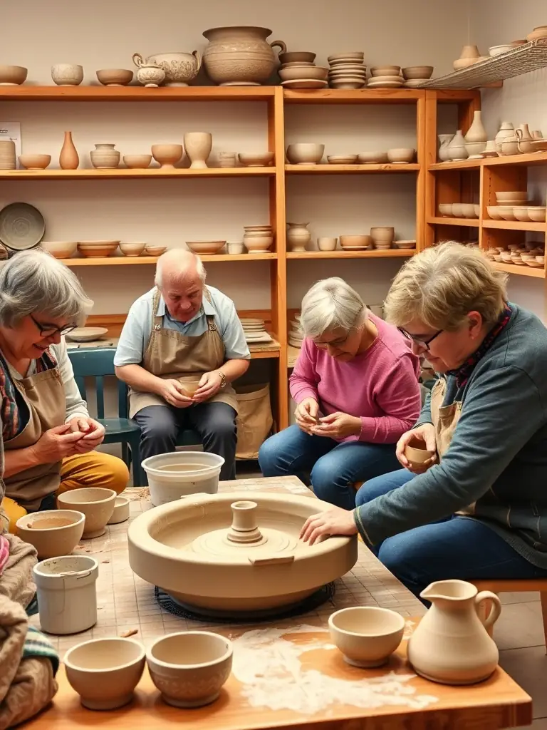 An image depicting a diverse group of people participating in a pottery workshop, showcasing hands-on artistic creation and community engagement.